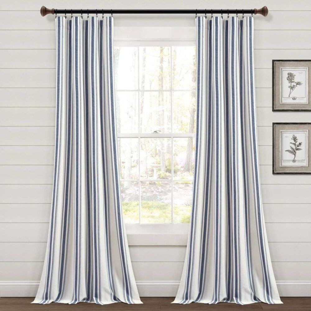 Set of 2 (84"x42") Farmhouse Striped Recycled Cotton Curtains Navy - Lush
